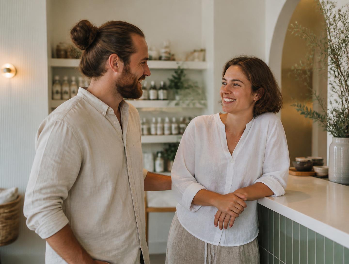 Two business owners talking in the bright, plant-filled reception of a wellness studio