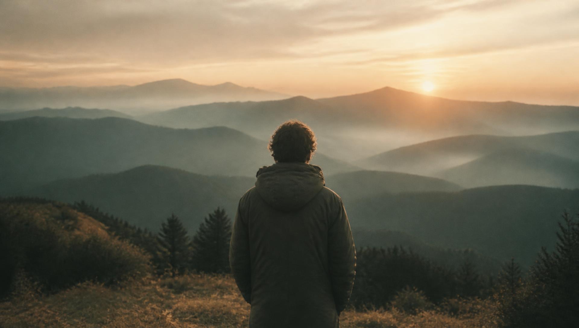 A person standing on a hillside at sunrise, looking out over layers of misty mountains