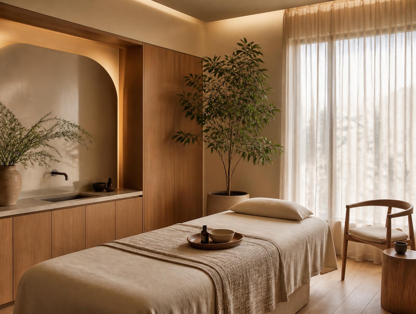 A calm, minimal treatment room with warm daylight, oak cabinetry and linen textures
